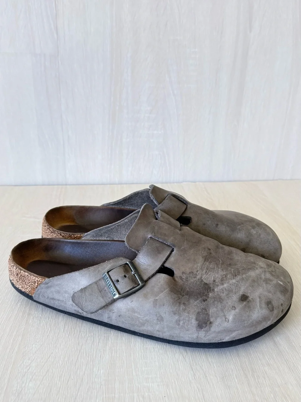 Birkenstock Boston Clogs Gray Taupe Leather Buckle Slip On Shoes Size 44